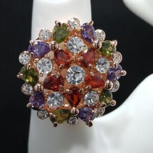 Rose Gold Tone Ring, Multicolored Rhinestones, CZs, Size 7 3/4